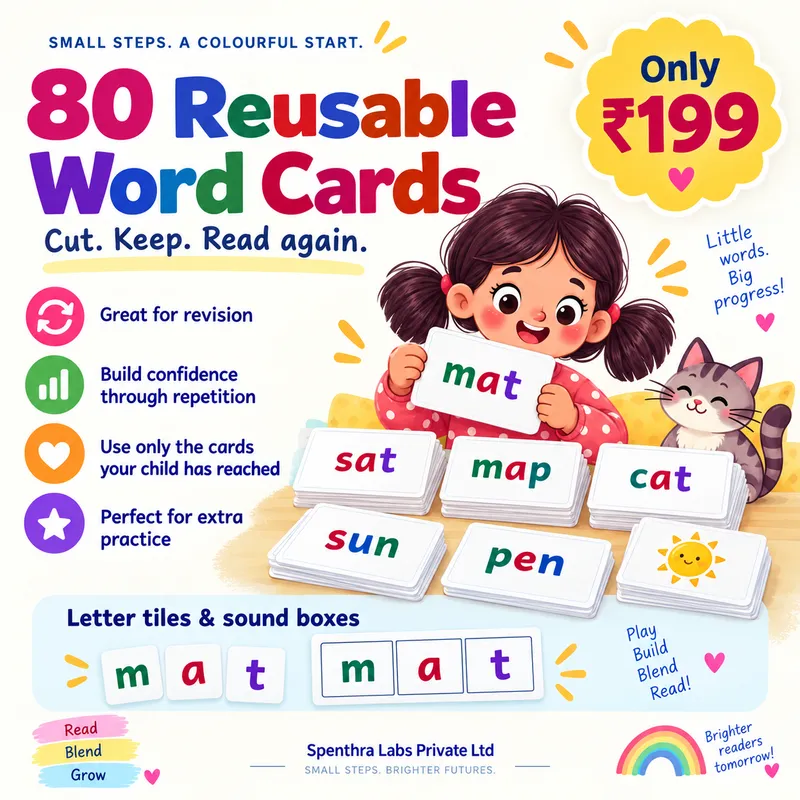 80 reusable word cards with letter tiles and sound boxes